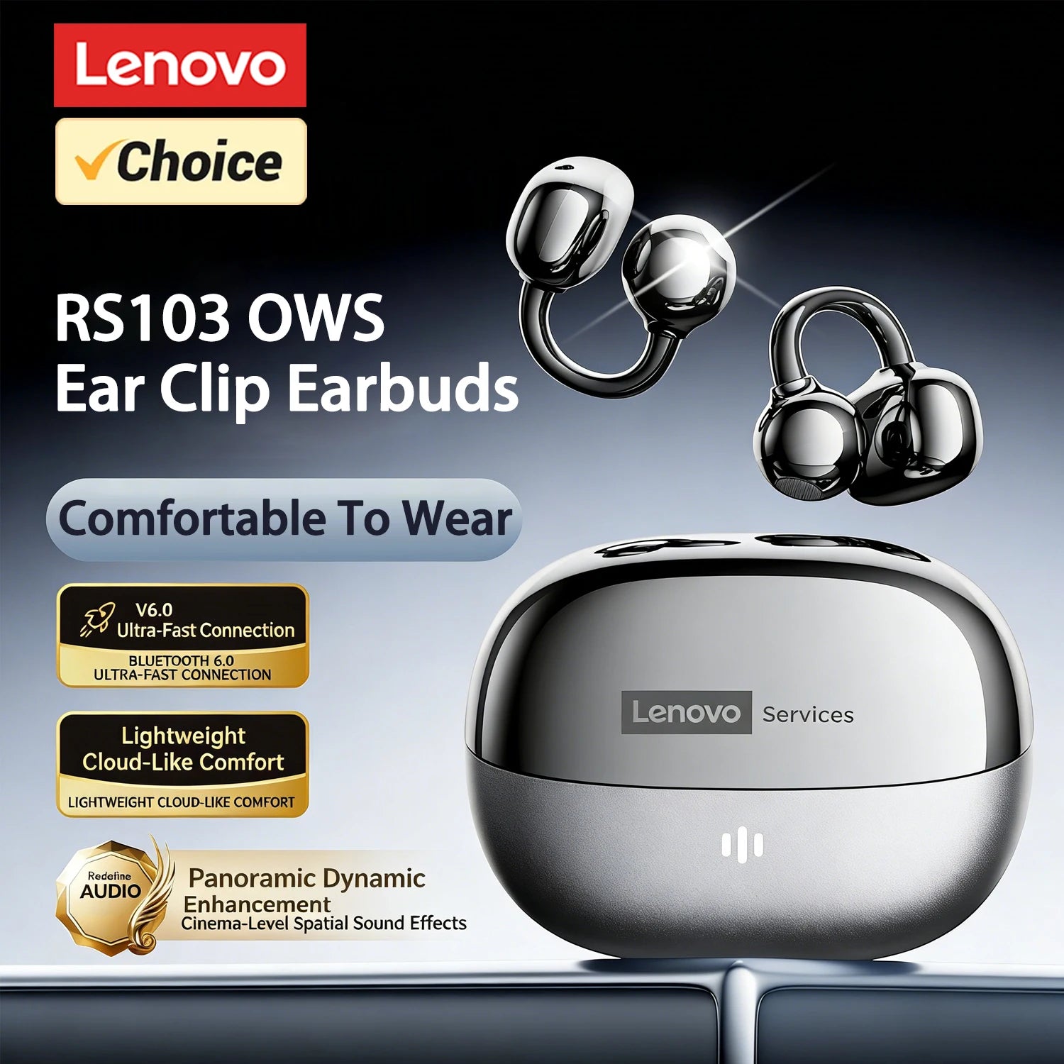 Lenovo RS103 OWS Ear Clip Earphones Wireless Bluetooth 6.0 Earbuds Sports Music 24H Long Battery Life Wireless Headphones Choice