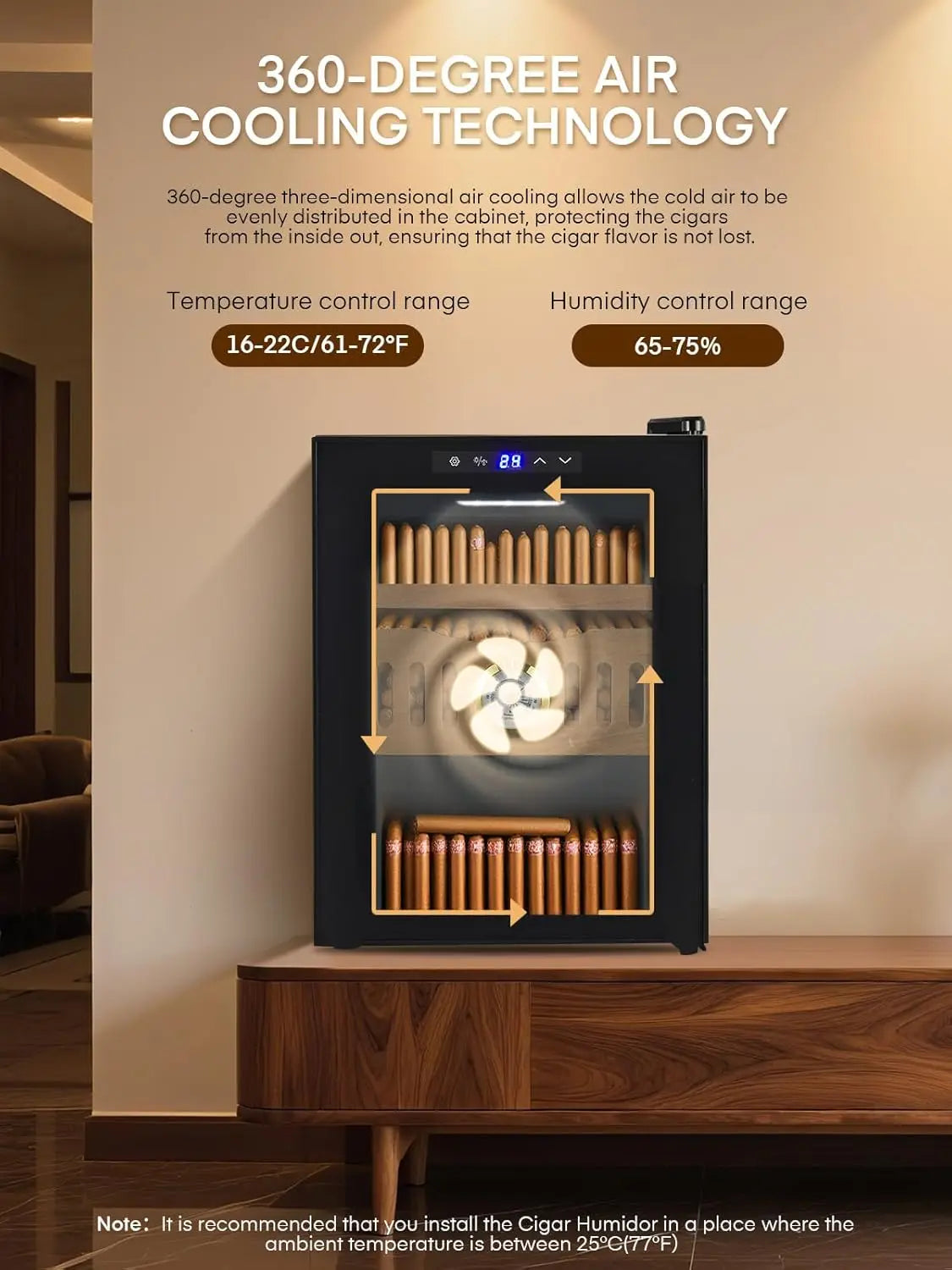 18L Cigar Humidor Cooler, 140-Capacity Electric Cigar Cabinet with Spanish Cedar Shelves, Temperature Control (61-71°F), 360° Air Circulation & Built-in Hygrometer, Triple Glass Door – Black