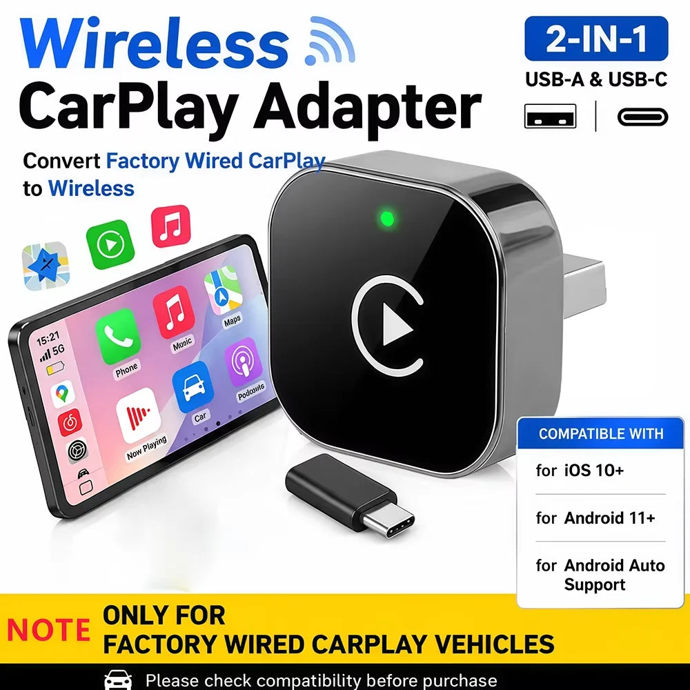 Vyvylabs 2-in-1 Wireless CarPlay Adapter USB USB-C Converter for Factory Wired CarPlay Vehicles iOS 10+ Android 11+ Android Auto Support