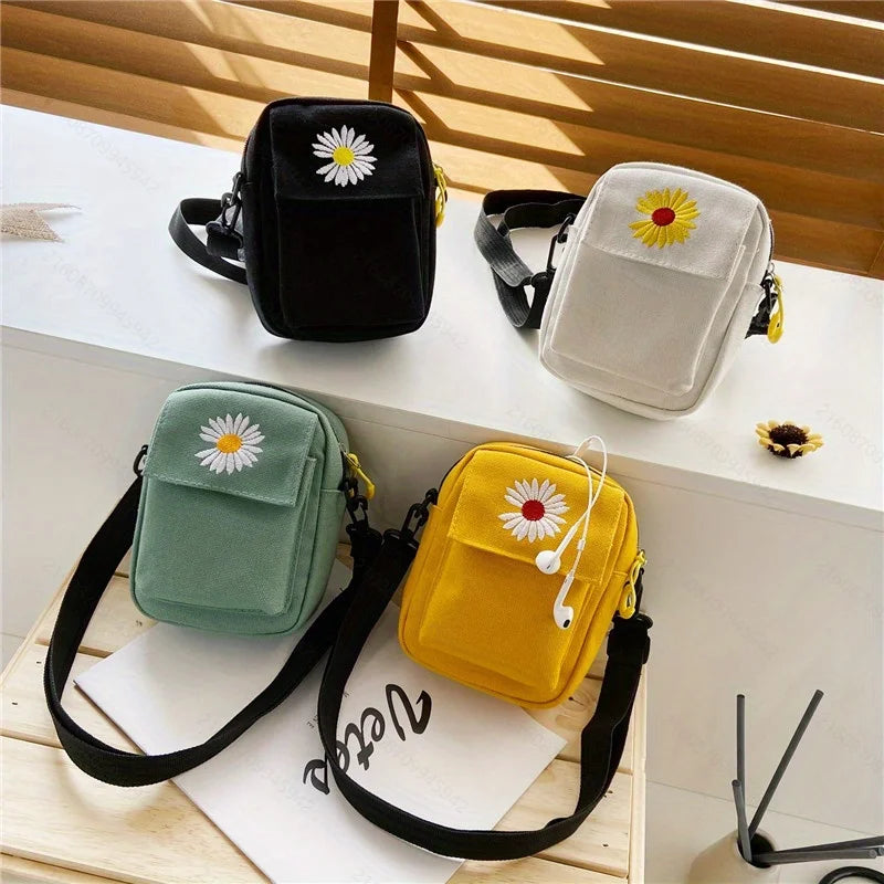 1pc Korean Version of Small Daisy Bag, Messenger Bag Canvas New Small Fresh Simple Versatile Shoulder Mobile Phone Bag