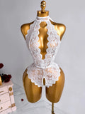 Women Romantic Halter Floral Lace Bodysuit Open Crotch Sheer Lingerie Sexy See Through Teddy Deep V Backless Slim Fit Nightwear