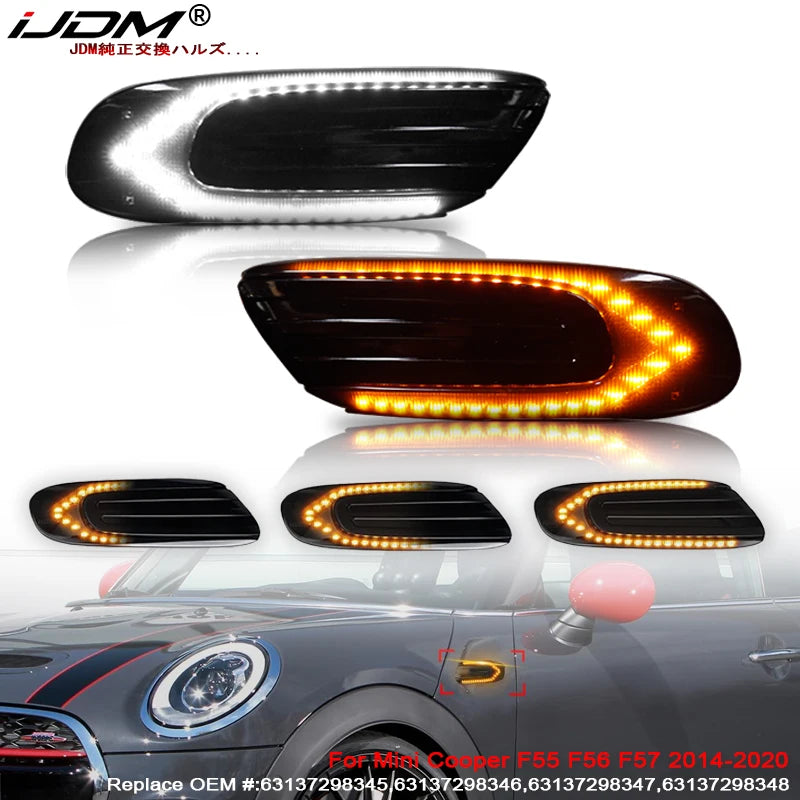 iJDM Dual-Color White/Amber Sequential Blink Fender Side Marker Light for MINI Cooper F55 F56 F57 Turn Signals/DRL/Parking Light