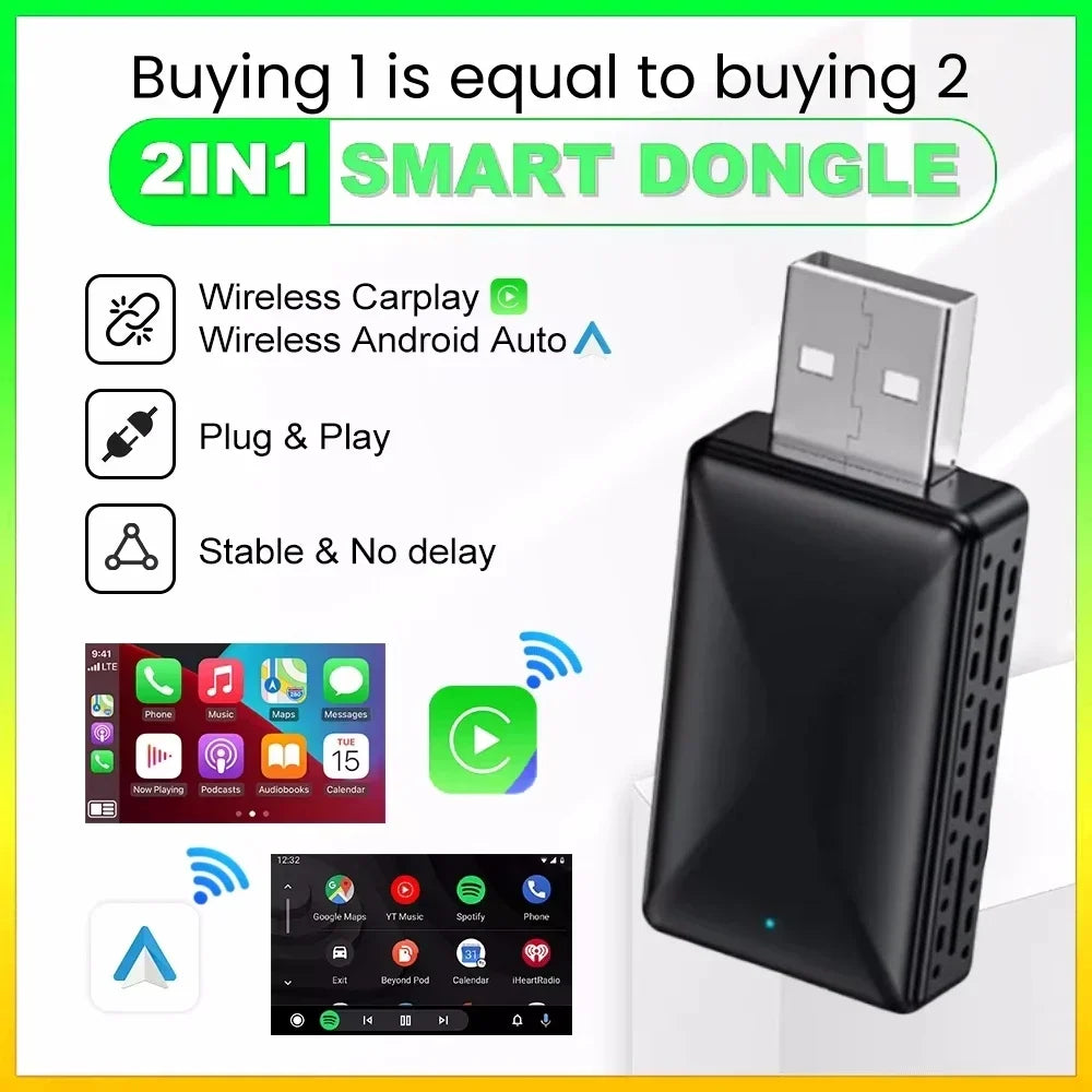 2025 New Upgrade 2IN1 Carplay Android Auto Wireless Adapter for Toyota Mazda Camry Suzuki Subaru Citroen Audi Mercedes Kia Ford