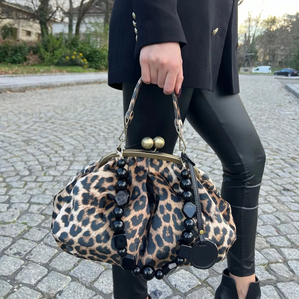 LOST IN VINTAGE Leopard Print Animals Fabric Soft Smooth Owl Bag Balls Bronze Kiss-lock Large Purse Clutch Large  35x23x10cm