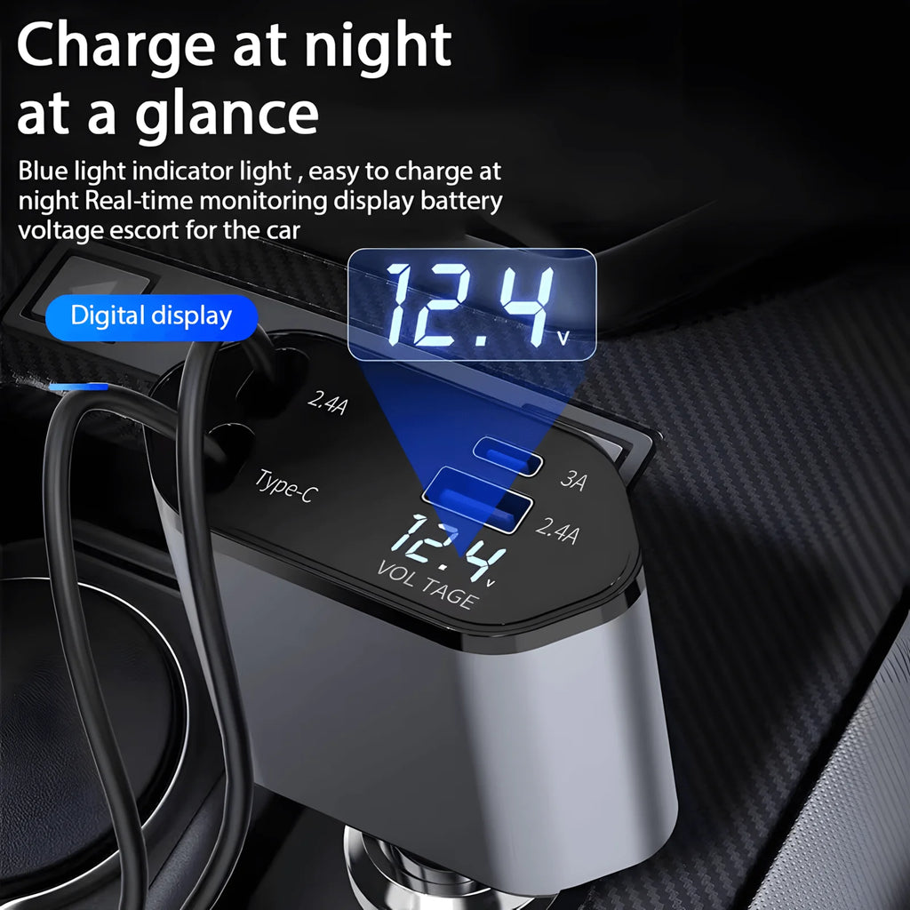 120W Retractable Car Charger 4 in 1 USB C Lightning Fast Charging Adapter for iPhone Samsung Car Accessories