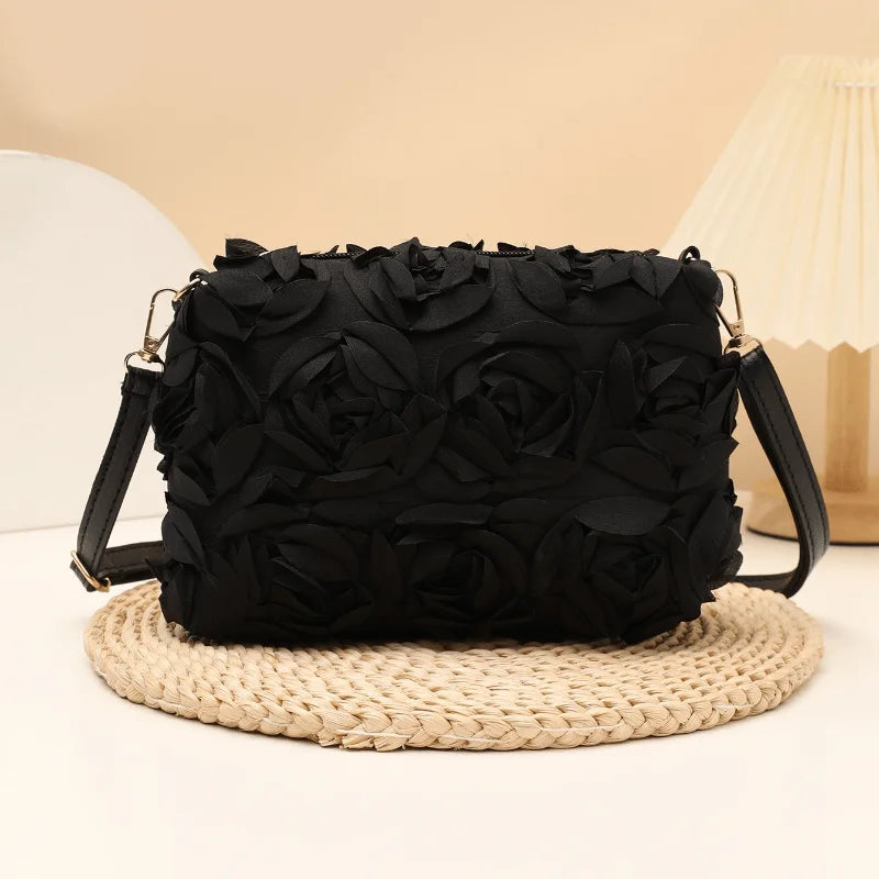 3D Rose Floral Crossbody Bag Faux Leather Zipper Closure Adjustable Strap Cylinder Shape Wedding Party Evening Purse