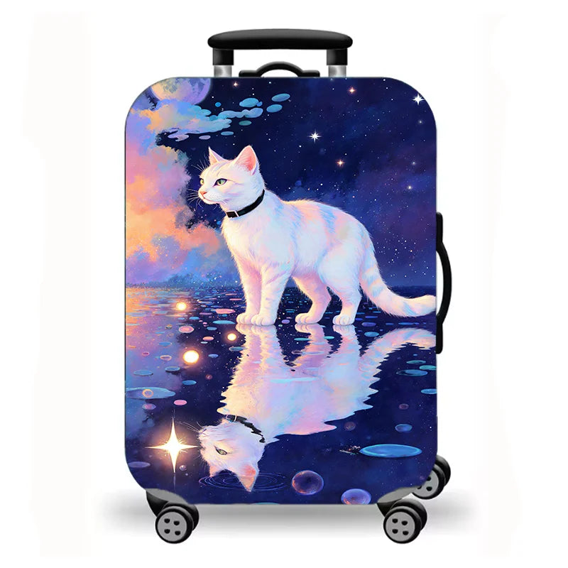 Luggage Cover, Cute Cat Kitten Floral Starry Night Print Stretch Suitcase Protector, Washable Anti-Scratch Travel Baggage Cover