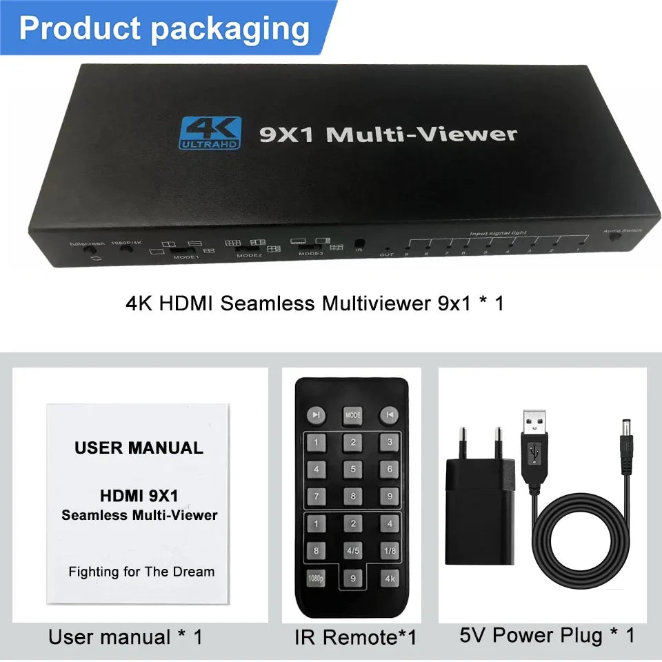 4K 4x1 9x1 HDMI Quad Multiviewer 4 9 Screen 9x1 Seamless Switch 9 In 1 out with Remote for Camera Monitor Switch Adapter