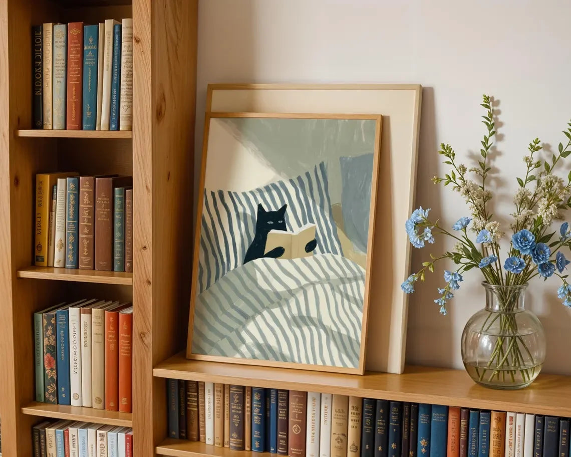 Cat Reading Print – Black Cat Wall Art, Cosy Bedroom Poster, Book Lover Cat Illustration, In Bed Print, Reading Decor, Cozy