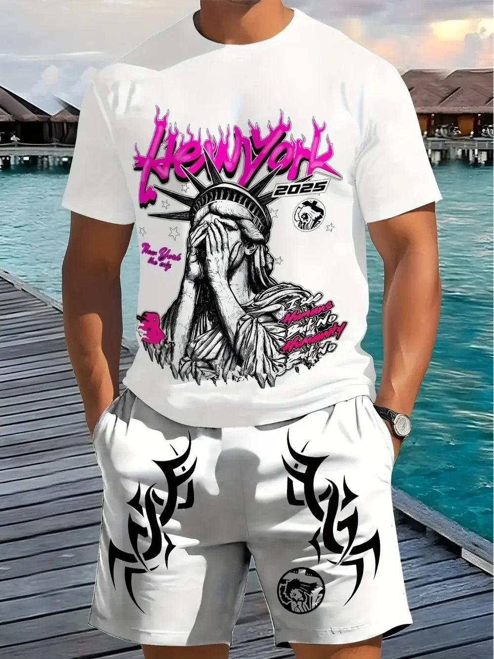 New Men's Summer Statue of Liberty Printed Comfortable Breathable Round Neck T-shirt Drawstring Shorts Set Outdoor Street Wear