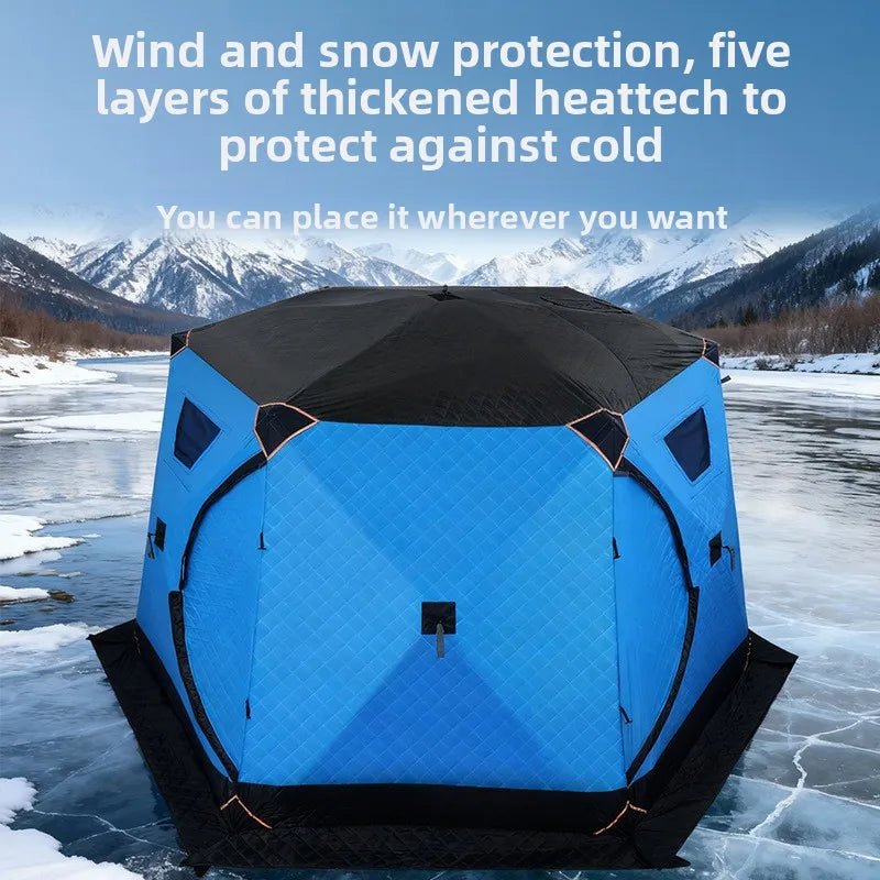 Winter Ice Fishing Tent 3.5m Thickened Coldproof Camping Shelter Hexagonal Outdoor Warm Cotton House with Wood Stove Hole