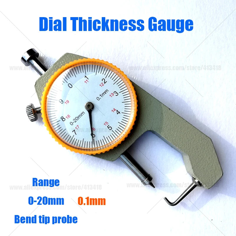 0-10mm0-20mm 0.1mm Resolution Dial Thickness Gauge Leather Flim Paper Jewelry Tube Curved Tip Metal Handheld Meter Tester