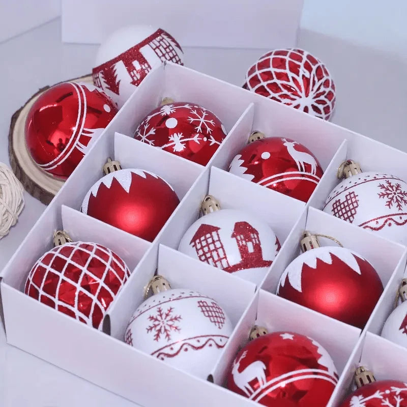 12pcs Red and White Christmas Balls Decorations, Mixed Shapes Plastic Christmas Ornaments, Holiday, Wedding and Party Supplies.