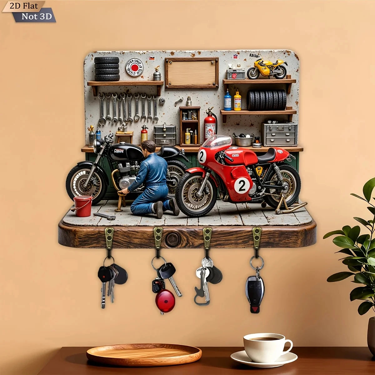 2D Flat, 1pc,  Motorcycle Repair Themed Key Hook, Wooden Multifunctional Home Key Rack, with Four Metal Hooks, Wall Decoration,
