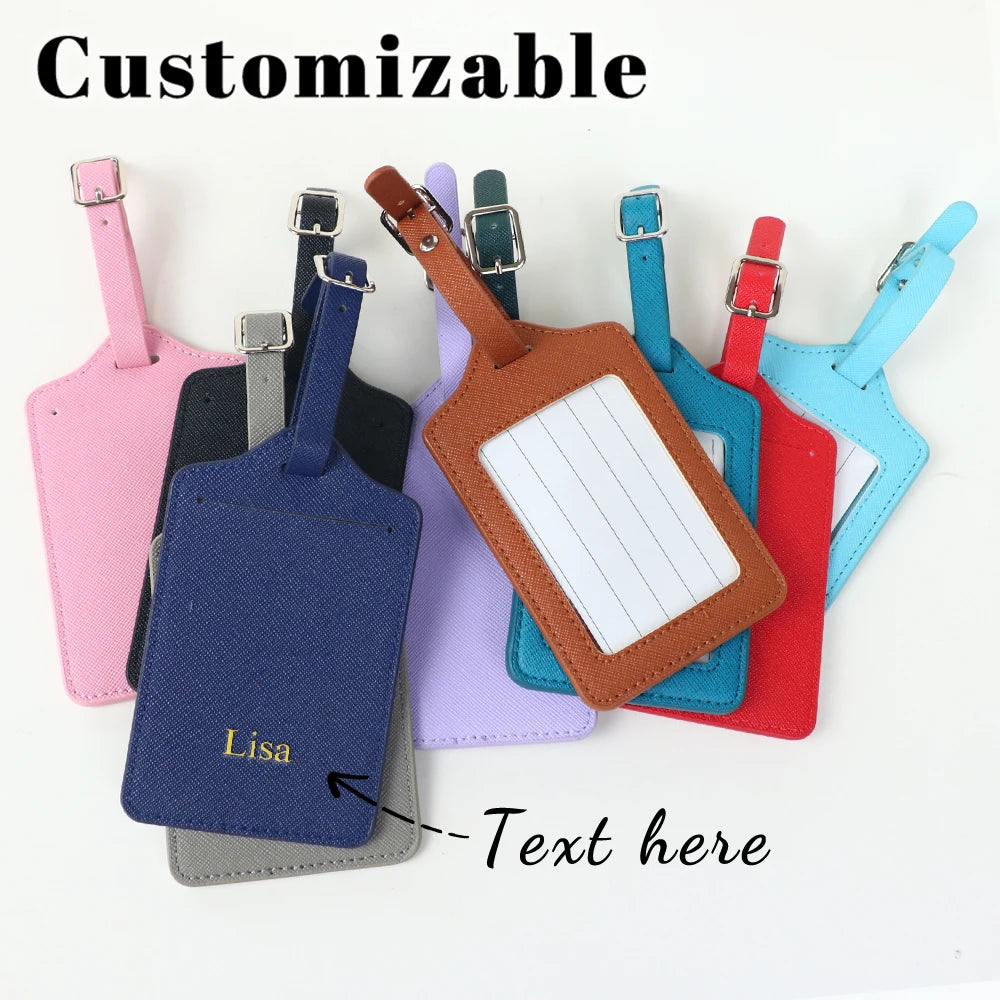 Customized name PU leather half-round luggage tag set with cross-patterned genuine leather travel case label pendant