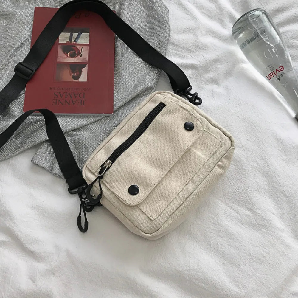 Korean Pure Color Canvas Shoulder Bag Zipper Canvas Mobile Phone Bag Multifunctional Casual Tote Handbag Women Men