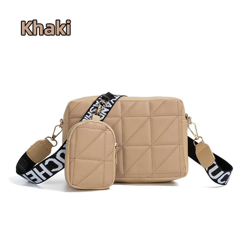 Fashionable Mobile Phone Bag, Large Capacity Checkered Shoulder Bag, Two-Piece Set, Wide Shoulder Strap