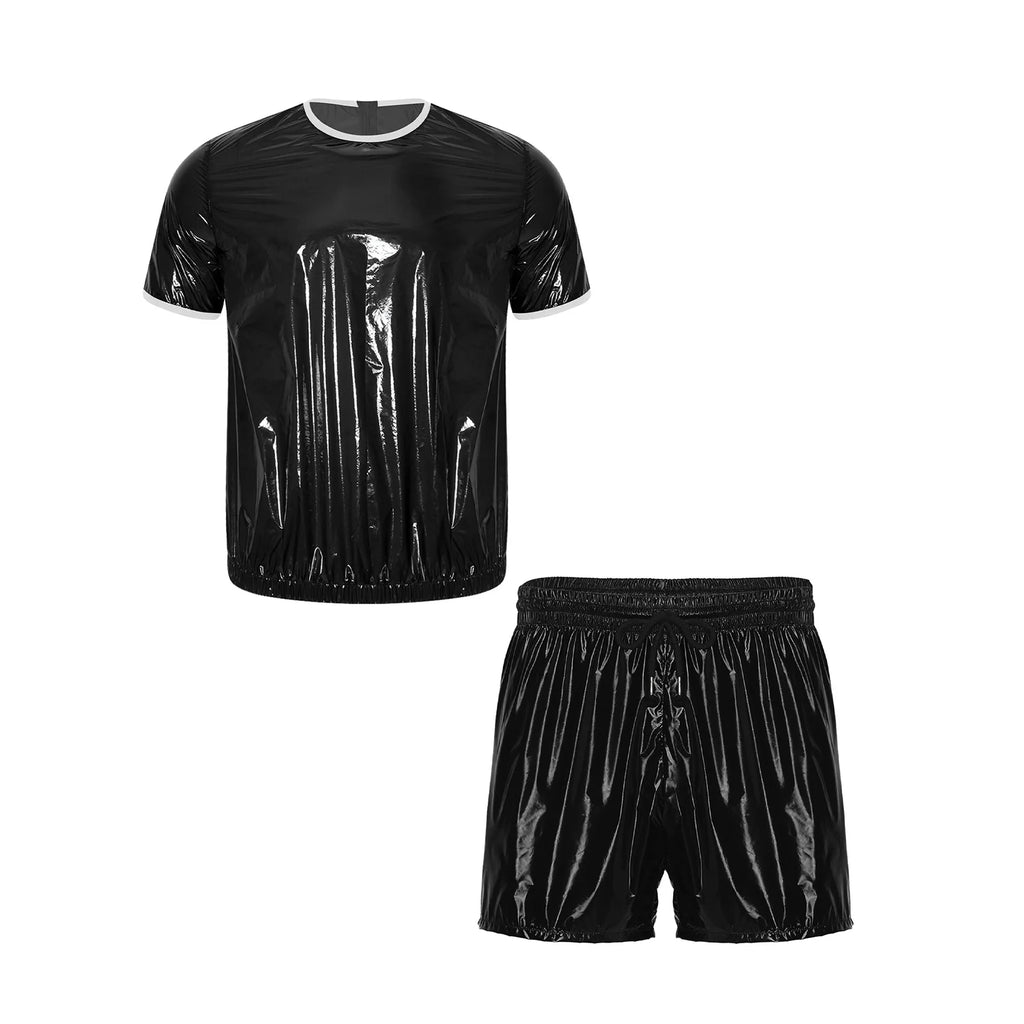 Men Glossy Waterproof Outfit Short Sleeve T-shirt Top with Shorts Built-in Briefs Swimwear Beachwear Clubwear Cycling Sportswear