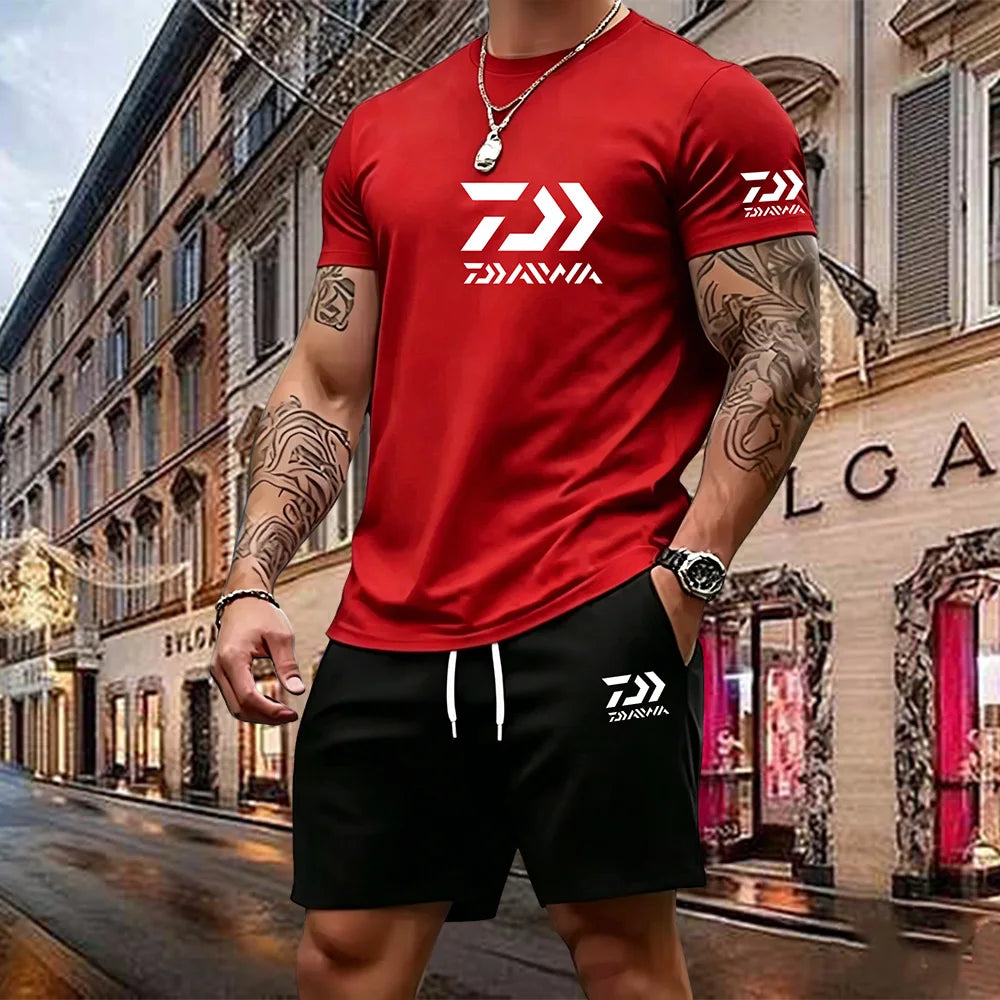 2026 Summer New Men's Fashion Outdoor Sports Set Printed Short Sleeve T-shirt+Shorts Loose Home Leisure Two Piece Set