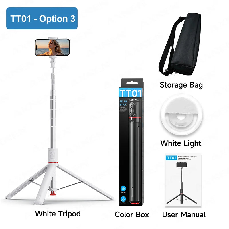 White Selfie Stick Tripod Portable 70 Inch All-in-one Auto Pop Open Wireless Bluetooth Magnetic Remote Control Smartphone Stand