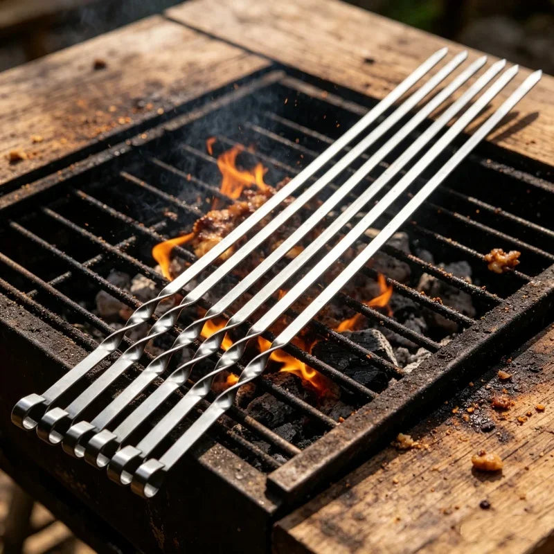 55cm Stainless Steel BBQ Skewers 6pcs/set Long Handle Shish Kebab Barbecue Sticks Wood BBQ Fork Outdoor Grill Needle Bags