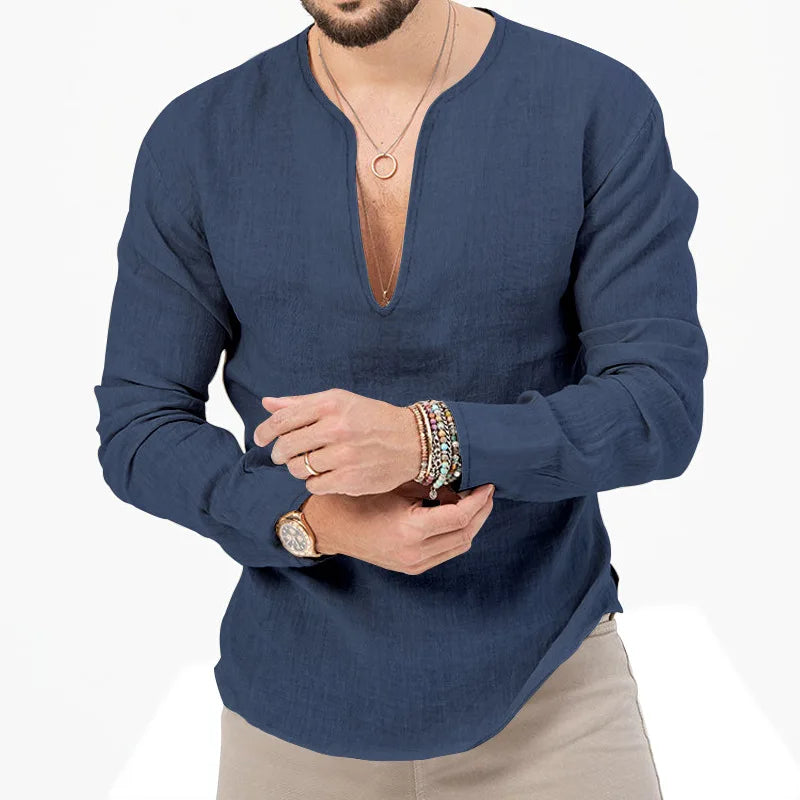 2026 Henry Linen Long Sleeve T-Shirt Men's Slim Fit Solid Color European and American Large Size Deep V-Neck Top Men
