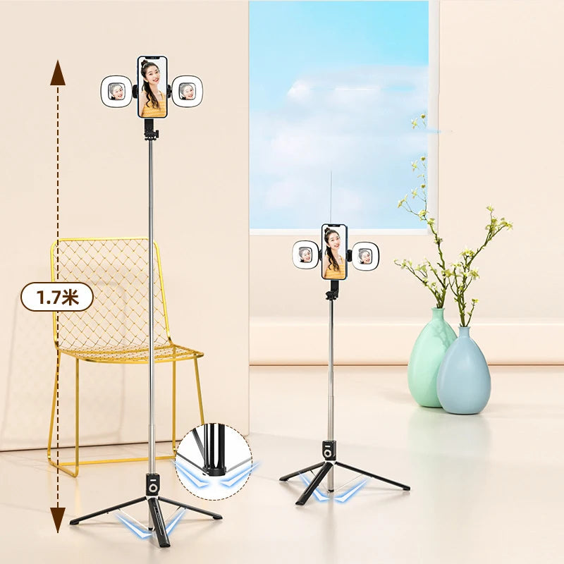 1.7M Extendable live Tripod Selfie Stick Support LED Ring Dual light mirror Stand 4 in 1 Phone Mount for Android IOS Cell Phone