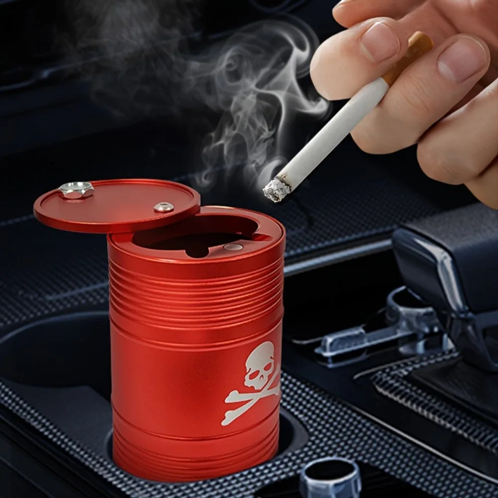 Skull Head Printing Car Ashtray Portable Windproof Cigarette Holder with Lid Creative Trendy Smoking Accessory for Home Office