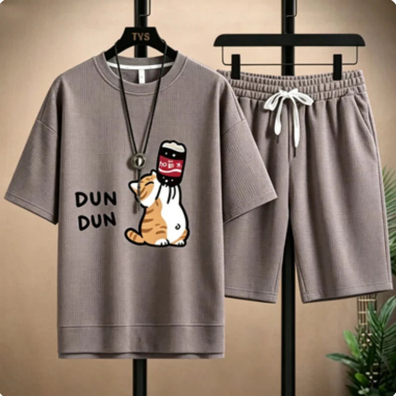 Cute cartoon cat funny print pattern loose short-sleeved set for men - casual waffle-style sports outfit
