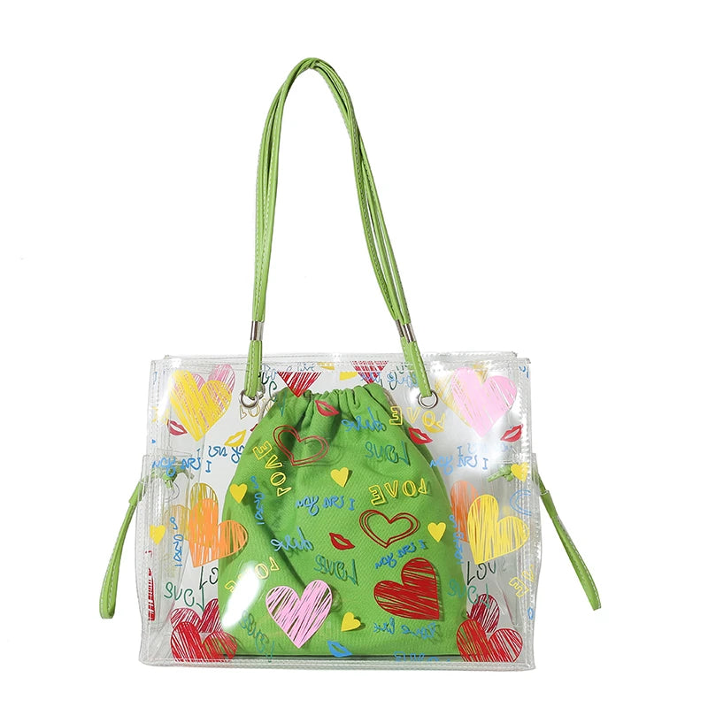 2-IN-1 Shoulder Bag Sets For Women 2023 Summer Beach Tote Bag PVC Transparent Jelly Handbags Female Large Capacity Shopper Totes