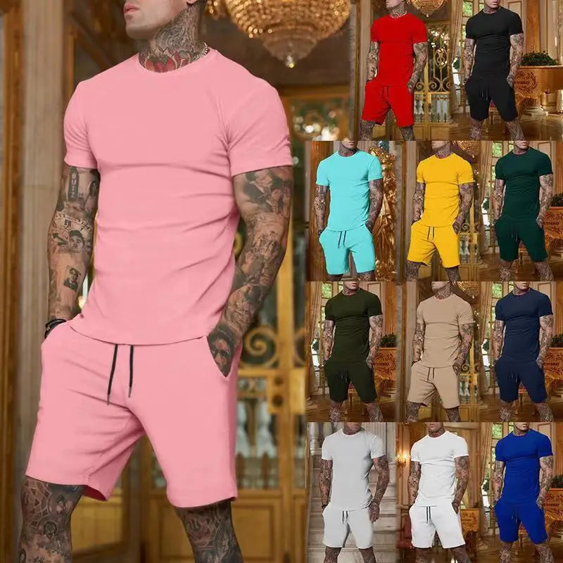 2026 Fashionable and casual summer outdoor sports suit men's breathable T-shirt shorts casual and fashionable two-piece set