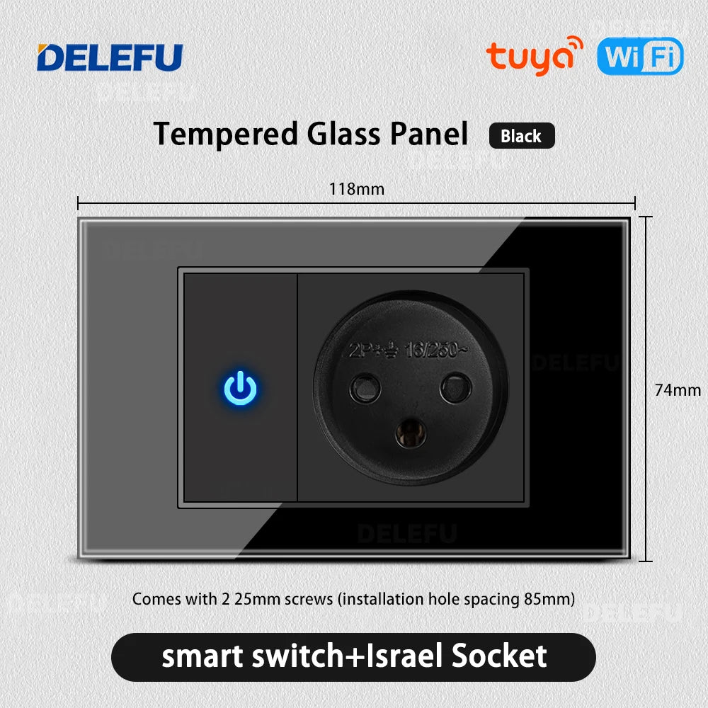 DELEFU Black Tempered Glass Israel USB Type C Fast Charging Wall Socket Light Tuya Wifi Smart Switch Sat TV Tel Doorbell Curtain