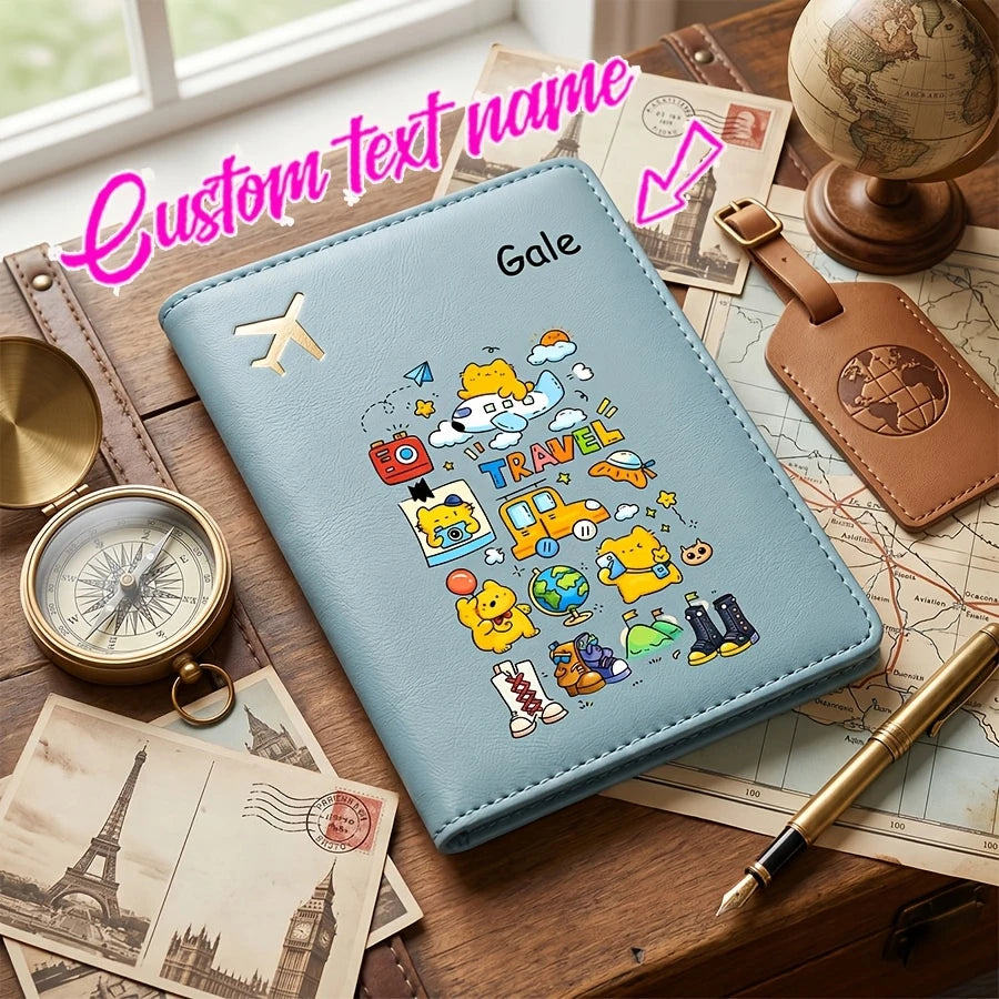 Personalized Name Text Passport Holder, Cute Cartoon Passport Case, Passport Cover And Document Organizer, Travel Ticket Holder