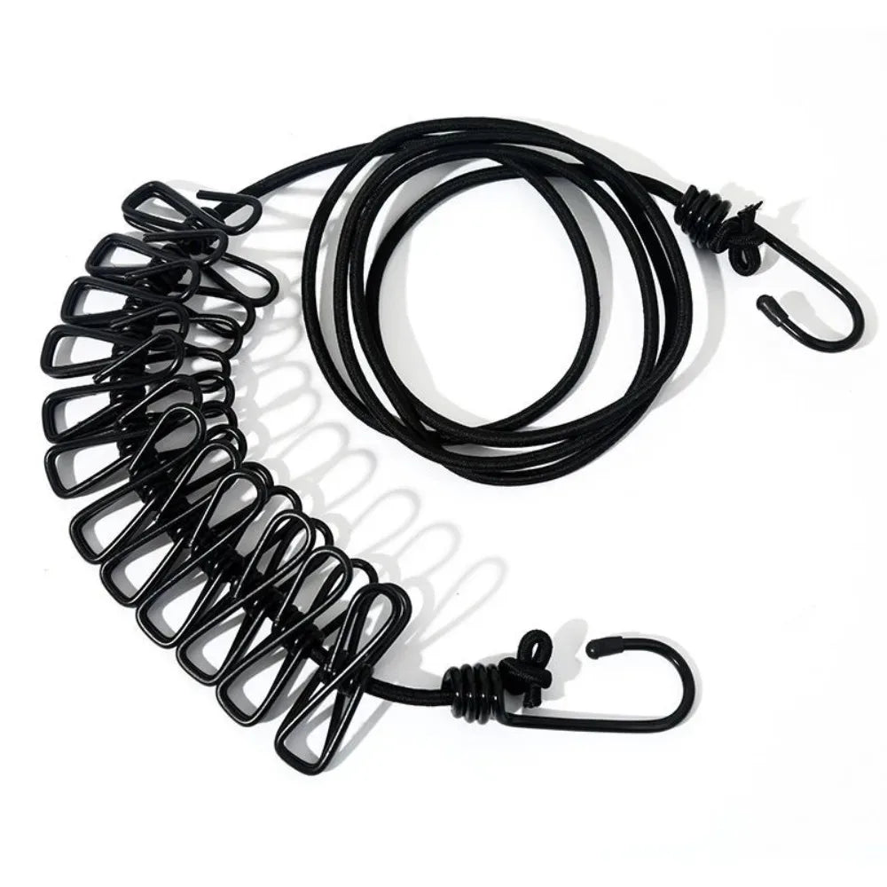 12 Non Slip Clips Windproof Elastic Travel Clothesline with Hook for Outdoor Camping Beach Dormitory RV Portable Drying Tools