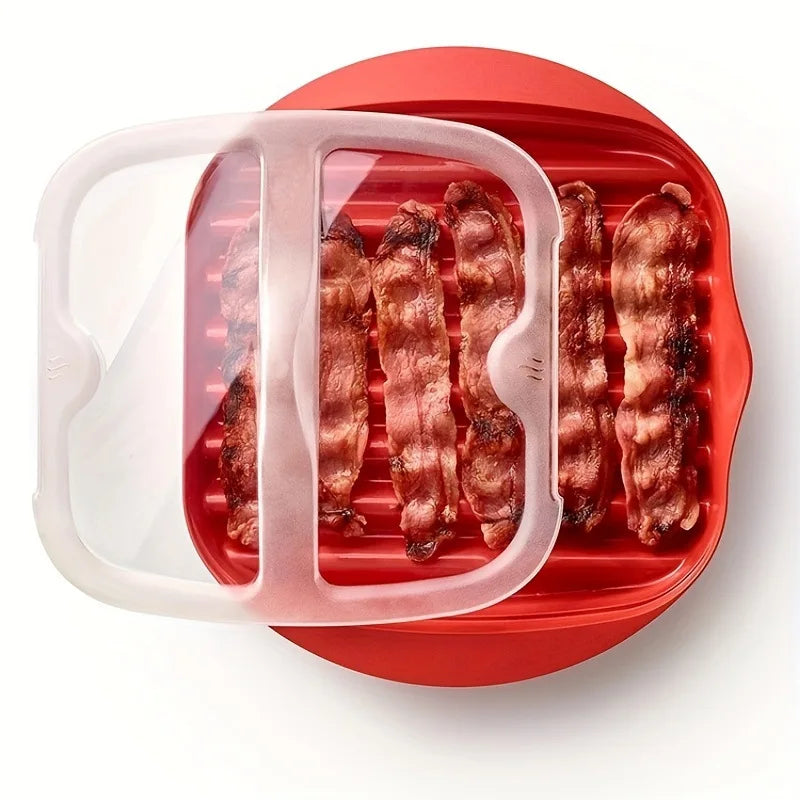 Microwave Bacon Tray with Splatter Lid Safety Quick and with No Mess Pizza Tray in Few Minutes Efficient Food Prep Kitchen Tools