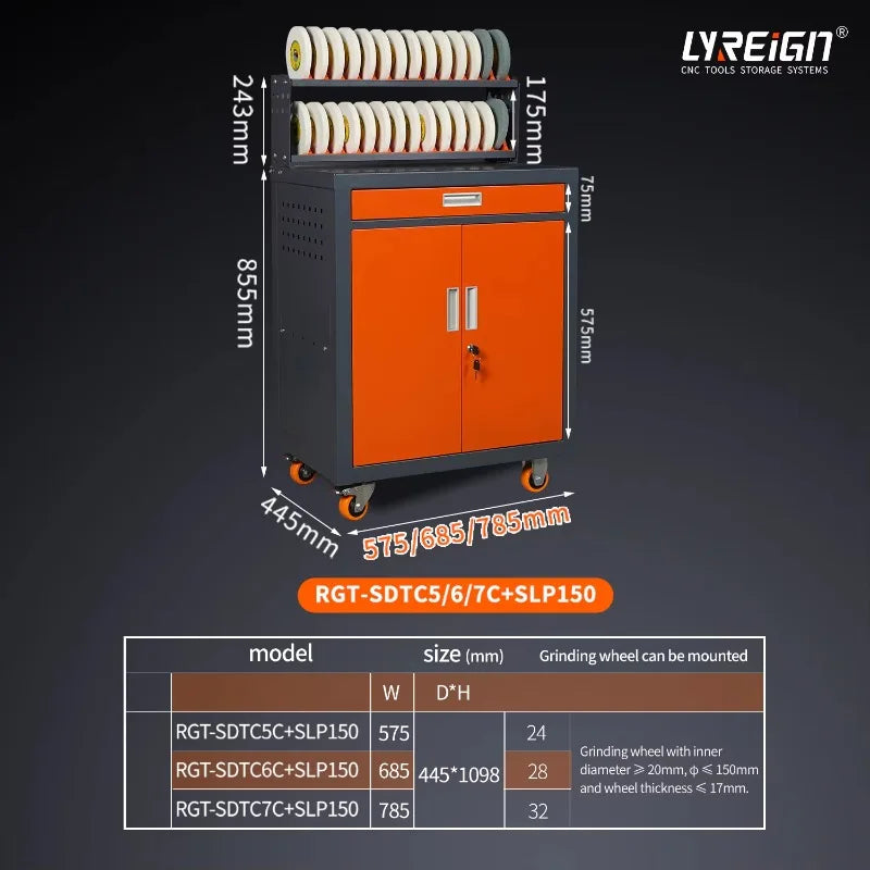 LYREIGN Mobile Grinding Wheel Storage Cabinet Heavy Duty Metal Grinding Wheel Rack Trolley for Surface Grinder Workshop Tool