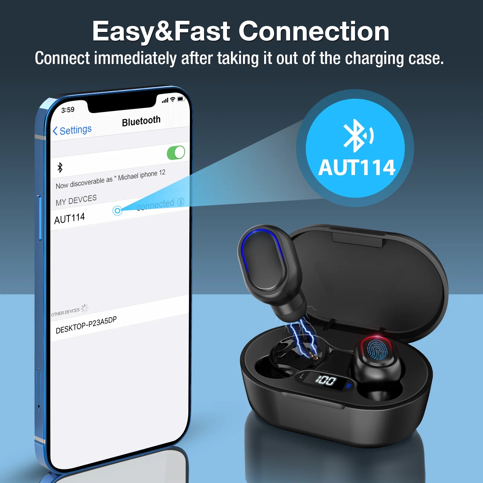 1HORA Wireless Bluetooth Headset AUT114 In-Ear Earphone Bluetooth 5.3 Type-C Charging Long Battery Life Compatible IOS/Android