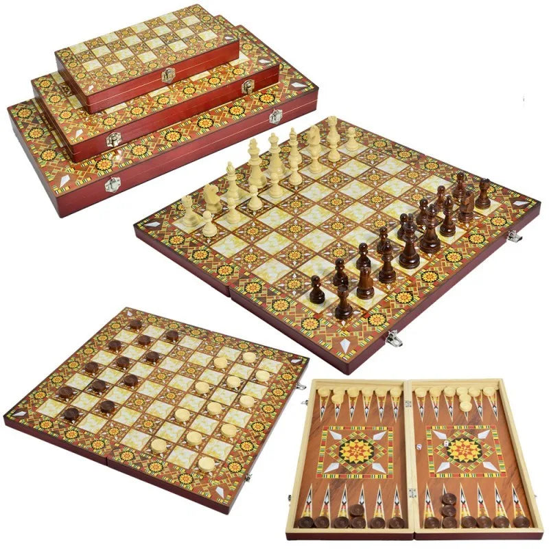 Portable Folding Wooden 3-in-1 Chessboard High-End Sensation for International Chess Casual Entertainment