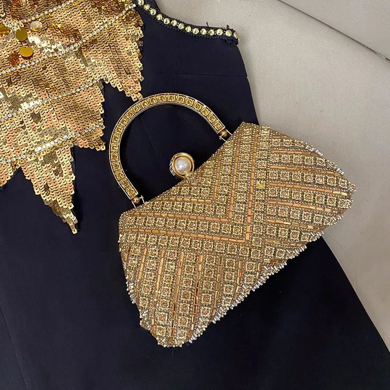 Trendy Gold Rhinestone Bag Fashionable Full Diamond Hand-Held Party Dinner Bag with Polyester Lining