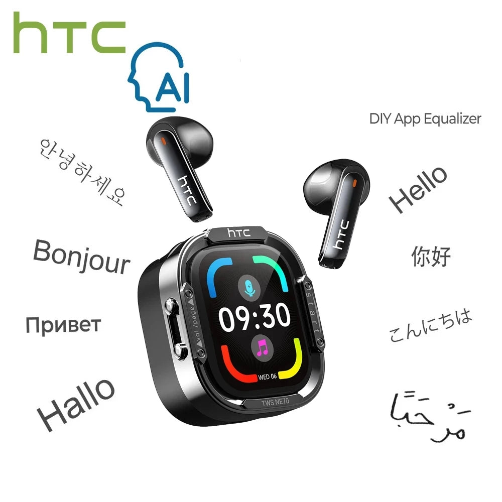 HTC NE70 Bluetooth Headphones Smart Touchscreen Wireless Earphones AI Translator Earbuds Gaming Headset HD Bass Stereo Sound