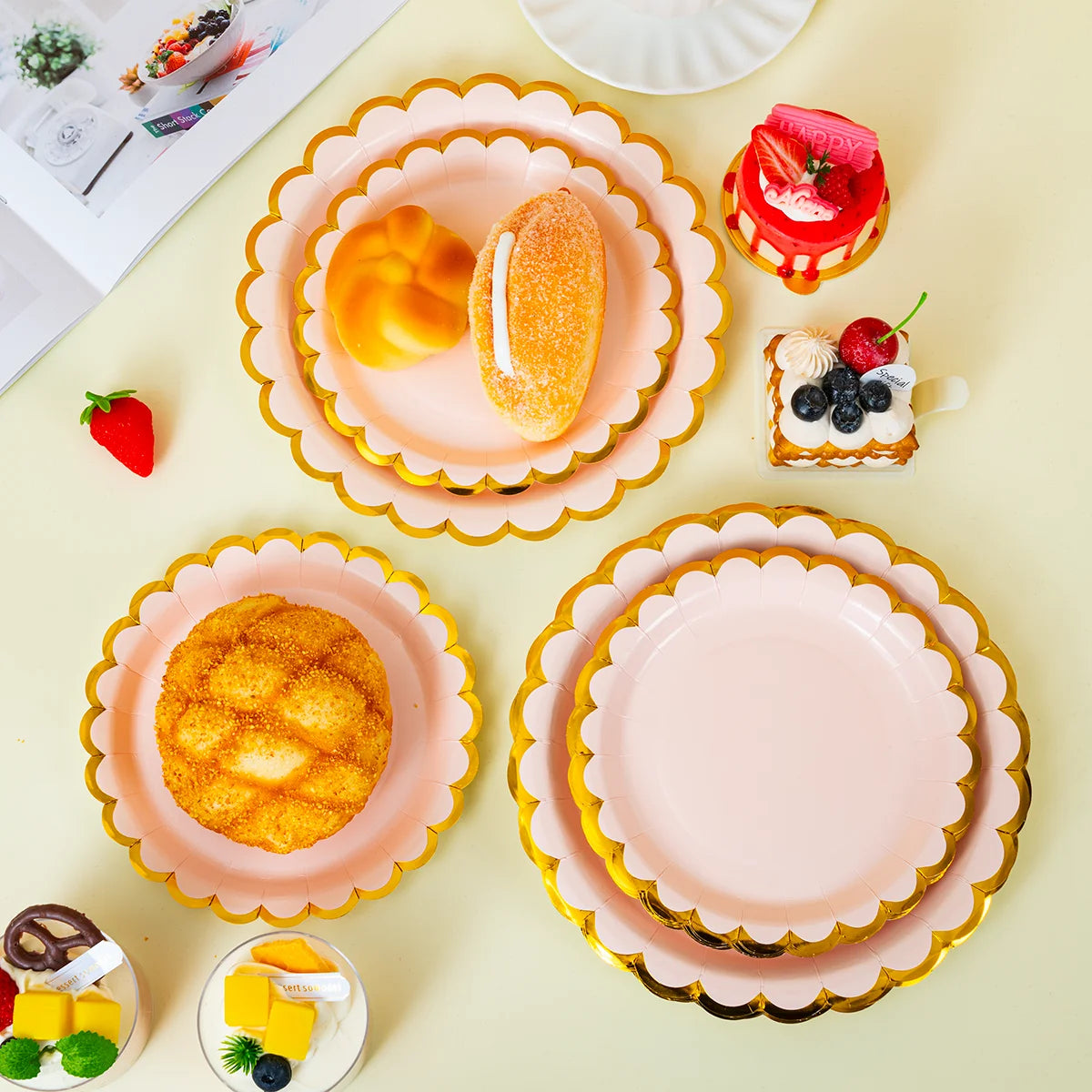 Disposable Paper Plates Pink Gold Scalloped Edge Round Plates for Wedding Birthday Party Tableware