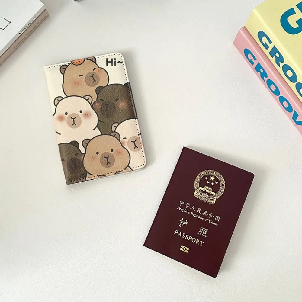 PU Leather Capybara Passport Holder Cartoon Ultra-thin Passport Bag Multi-function Portable Credit Card Wallet