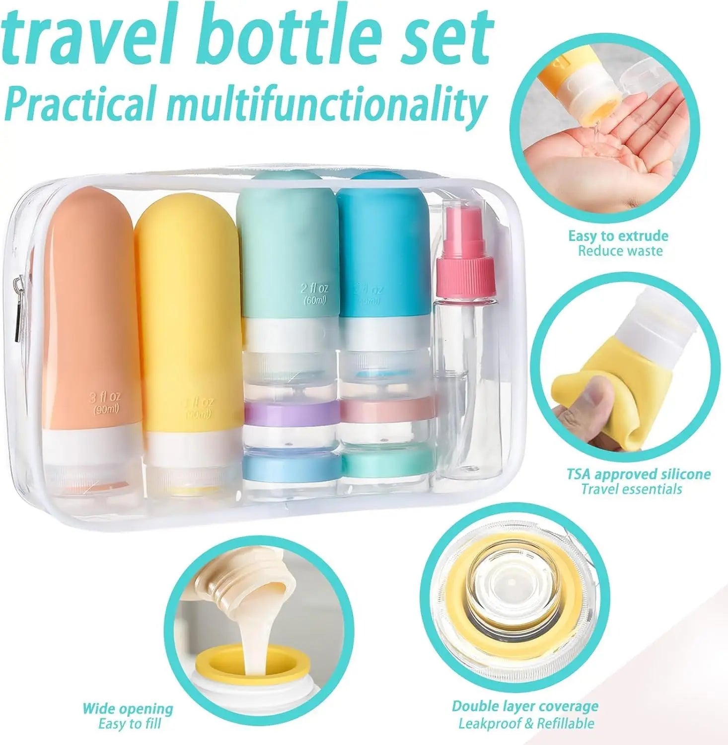 17-piece silicone travel bottle set, leak-proof shampoo and conditioner squeeze bottle for men and women, with storage bag