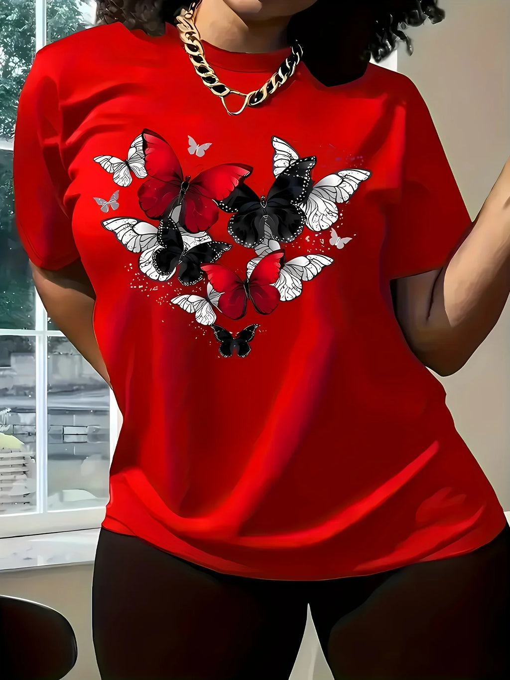 Women's Red Butterfly Heart Print Plus Size T-Shirt Short Sleeve Round Neck Casual Top for & All-Season Wear