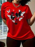 Women's Red Butterfly Heart Print Plus Size T-Shirt Short Sleeve Round Neck Casual Top for & All-Season Wear
