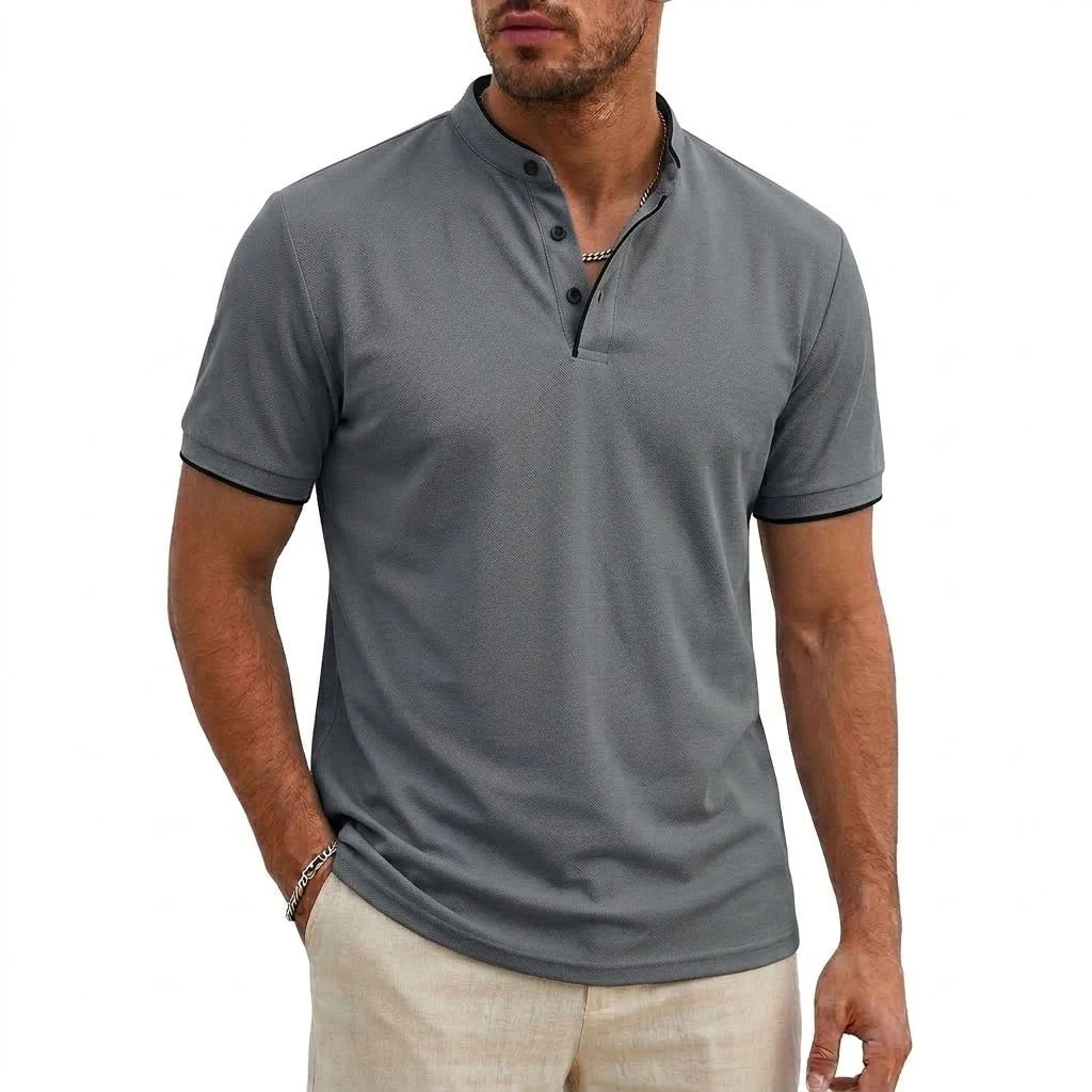 Men Short Sleeve Henley T-Shirt Summer Casual Solid Button-up Shirt V Neck Tee Fitness Breathable Classic Collarless Pullover