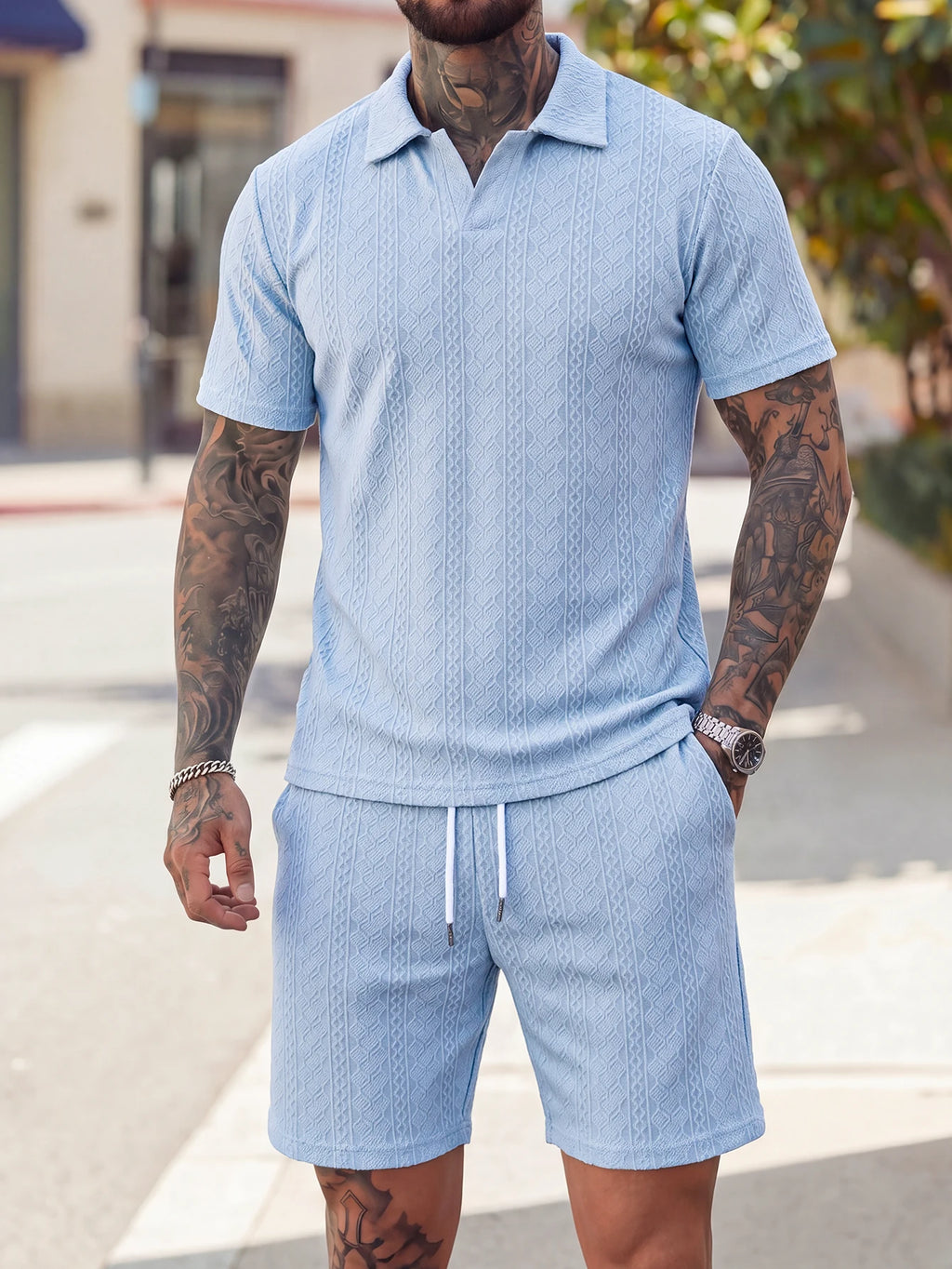 Lightly Mature Style Vertical Stripe Texture Casual Simple Breathable Men's Short-Sleeve Short Pants Two-Piece Set