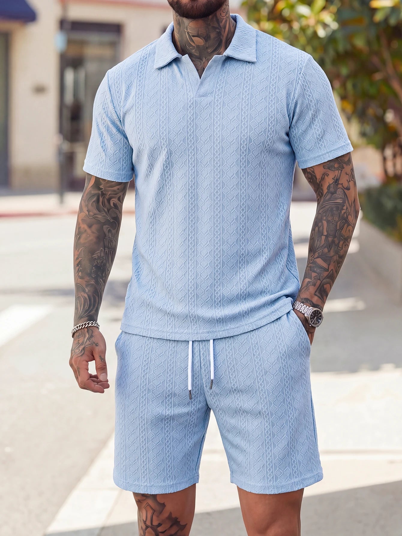 Lightly Mature Style Vertical Stripe Texture Casual Simple Breathable Men's Short-Sleeve Short Pants Two-Piece Set