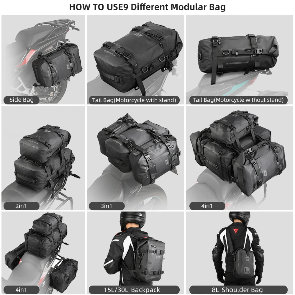 Rhinowalk Motorcycle Backpack Waterproof Bag 8L 15L 30L Motorbike Tail Bag Universal Outdoor Pannier Saddle Bag Accessories