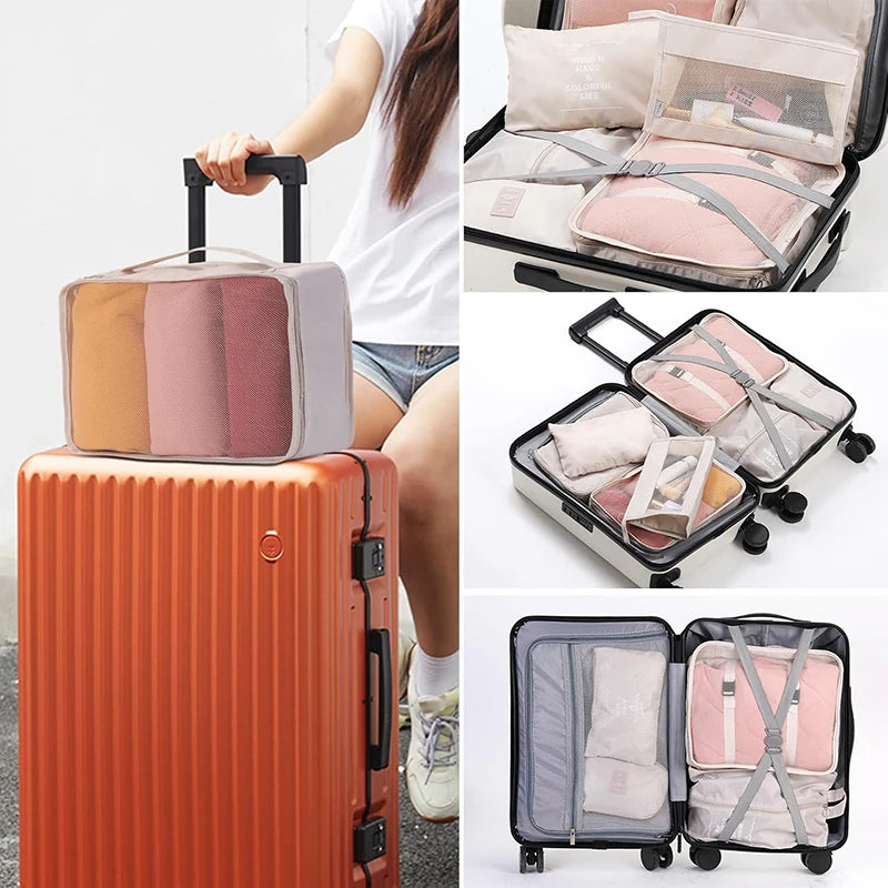 8Pcs Travel Packing Cubes Set Waterproof Luggage Organizer with Drawstring Storage Pouches for Clothes Shoes Underwear Cosmetics